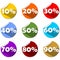 A set of percent label on rolled paper circle in different colors. For use in shop, market or presentation. Modern flat design
