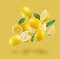 Set of perfectly retouched lemons with leaves, whole halves and slices isolated on yellow background. Lemons fly through space.