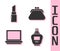 Set Perfume, Lipstick, Makeup powder with mirror and Clutch bag icon. Vector