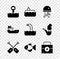 Set Periscope, Submarine, Jellyfish, Paddle, Fish, First aid kit, Cargo ship and icon. Vector