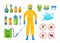 Set of Pest Control Icons, Isolated Cartoon Vector Insecticide Bottle, Insectologist in Gas Mask, Gloves and Hazmat Suit