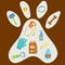 Set of pet grooming accessories in the shape of dog`s paw. Collection of pets elements. Various pet supplies.