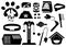 Set of pet shop black icons. Accessories for cats. Flat illustration. Feed, toys, bowl, collar. Products for the pet shop.