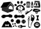 Set of pet shop black icons. Accessories for dogs. Flat illustration. Feed, toys, balls, collar. Products for the pet shop.