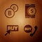 Set Phone and speech bubble with Buy, Cryptocurrency coin Bitcoin, Buy button and Tablet with dollar on wooden