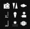 Set Photo camera for diver, Rubber flippers swimming, Fish, Snorkel, Sun and waves, Wind rose, and Lift bag icon. Vector