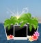 Set photo frame with palms, flowers, on blurred seascape background