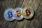 Set of physical coins Bitcoin BTC digital cryptocurrency