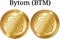 Set of physical golden coin Bytom BTM, digital cryptocurrency. Bytom BTM icon set.