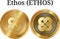 Set of physical golden coin Ethos (ETHOS), digital cryptocurrency. Ethos (ETHOS) icon set.