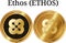 Set of physical golden coin Ethos (ETHOS), digital cryptocurrency. Ethos (ETHOS) icon set.