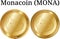 Set of physical golden coin Monacoin MONA, digital cryptocurrency. Monacoin MONA icon set.