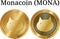 Set of physical golden coin Monacoin MONA, digital cryptocurrency. Monacoin MONA icon set.