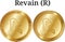 Set of physical golden coin Revain R, digital cryptocurrency. Revain R icon set.