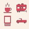 Set Pickup truck, Coffee cup, Rv Camping trailer and Open matchbox and matches icon. Vector