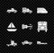 Set Pickup truck, Delivery cargo vehicle, Train, Sedan, Formula race, Yacht sailboat sailing ship and icon. Vector