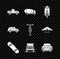 Set Pickup truck, Tanker, Scooter, Skateboard, Car, Hatchback car and Bicycle icon. Vector