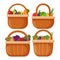 Set of picnic baskets. Wicker backet with fresh fruits. Pomegranate, pear, fig, kiwi, avocado, mango. Flat vector