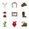 A set of pictures about cowboys. Cowboys on the ranch, horses, weapons, whips.Rodeo icon in set collection on cartoon