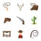 A set of pictures about cowboys. Cowboys on the ranch, horses, weapons, whips.Rodeo icon in set collection on cartoon