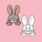 A set of pictures, A funny cute rabbit smiling and licking his lips, a vector illustration in cartoon style