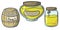 A set of pictures, honey collection, containers with yellow honey, vector illustration in cartoon style