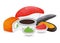 Set of piece fish salmon sushi, fresh tuna minnow with wasabi soy sauce and ginger, ocean mussel cartoon vector illustration.