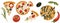 Set a piece of pizza, tomato, olives, pepper, lettering pizza time on a round digital art texture emblem. Print for cards, banner