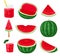 Set of pieces of watermelon different forms and products from it. Vector illustration on white background.