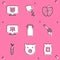 Set Pig, Watering can, Apple, Udder, Can container for milk, Honey dipper stick, Carrot and icon. Vector