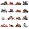 Set with piles of different shoes on white