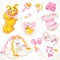 Set of pink baby toys objects