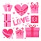 Set pink cartoon gift boxes in vector. Collection for Valentine s day, romantic present, valentine, heart, lettering love. Holiday