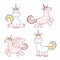 Set of pink characteristic unicorns sitting and standing