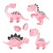 Set of pink funny cartoon dinosaurs for kids.