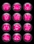 Set of pink glossy round icons with white linear zodiacal symbol