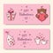 Set of pink horizontal banners with bottle and cups and teddy bear with gift box in doodle style