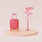 Set of pink suitcases with signpost isolated on pastel background,valentine`s day sale concept,Tourism and travel,minimal style.3