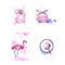 Set of pink watercolor cards from perfumes, flamingos, sweets, and cacos. Stylized pictures with blots and splashes