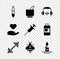 Set Pipette, Mortar and pestle, Headphones for meditation, Dumbbell, Bee, Aroma candle, Heart in hand and Syringe icon