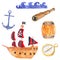 Set of pirate clipart. Pirate ship, anchor, Copper spyglass, Ocean waves.