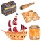 Set of pirate clipart. Treasure chest with gold coins, Copper spyglass, treasure map