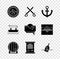 Set Pirate coin, Crossed pirate swords, Anchor, Wooden barrel, Decree, parchment, scroll, Bottle with message water