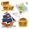 Set for pirate party for kids. Pirate ship. Sailboat with black sails with skull. Treasure chest. Treasure map.