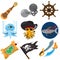 Set pirate things. Spyglass, octopus, irons, steering wheel, treasure map, jolly roger flag, shark, sword.