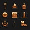 Set Pirate treasure map, Gallows rope loop hanging, Leather pirate boots, Lighthouse, Anchor, Wind rose, Alcohol drink
