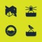 Set Pirate treasure map, Seagull sits on buoy, Ship porthole and Lighthouse icon. Vector