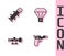 Set Pistol or gun, Rocket, Sniper optical sight and Box flying on parachute icon. Vector