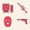 Set Pistol or gun with silencer, Search on computer screen, Sniper rifle with scope and Thief mask icon. Vector.