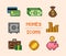 Set of pixel finance icons with coins and cash